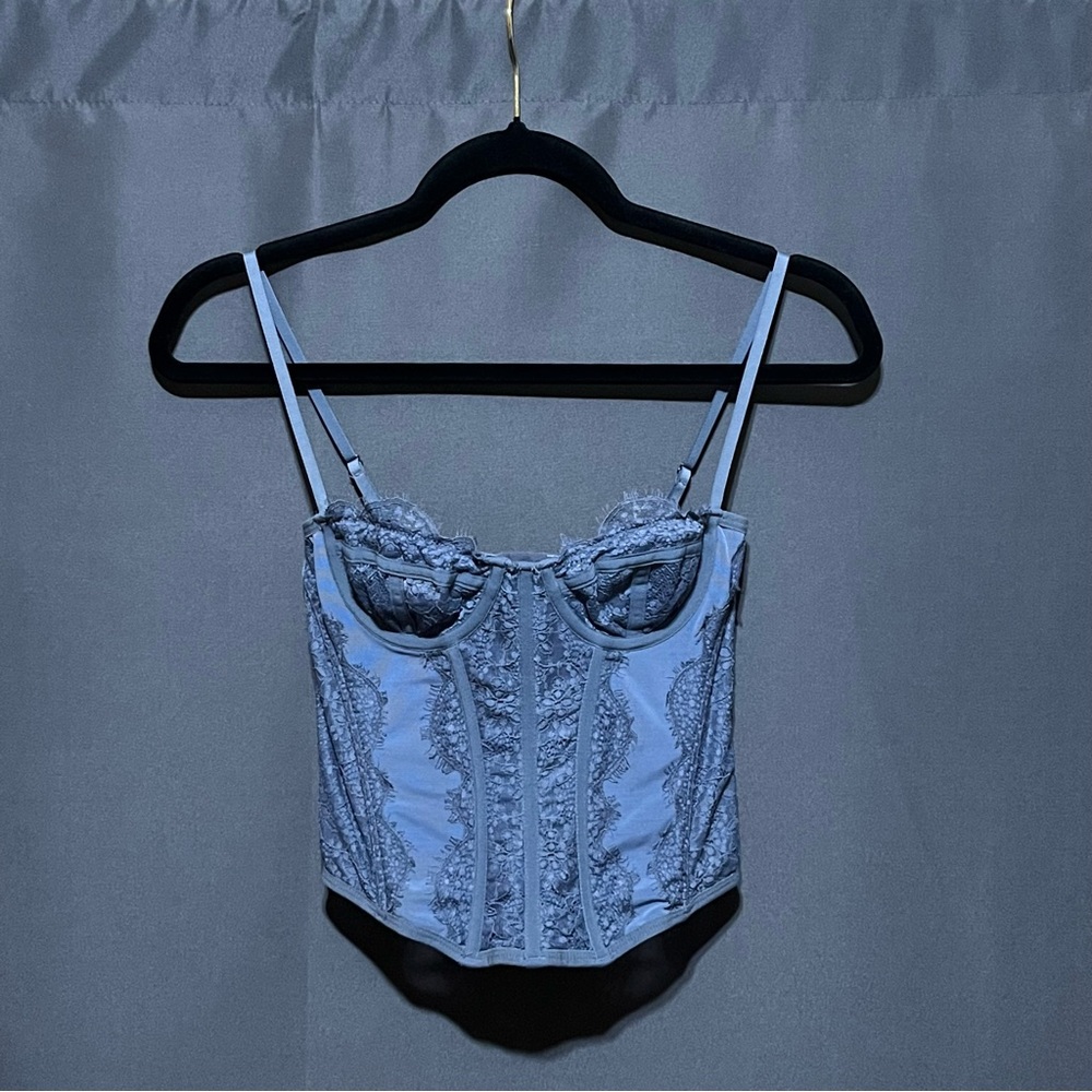 Lace Corset Bustier Top Blue Underwire Basque Waist Y2K Style Coquette 00 XXS